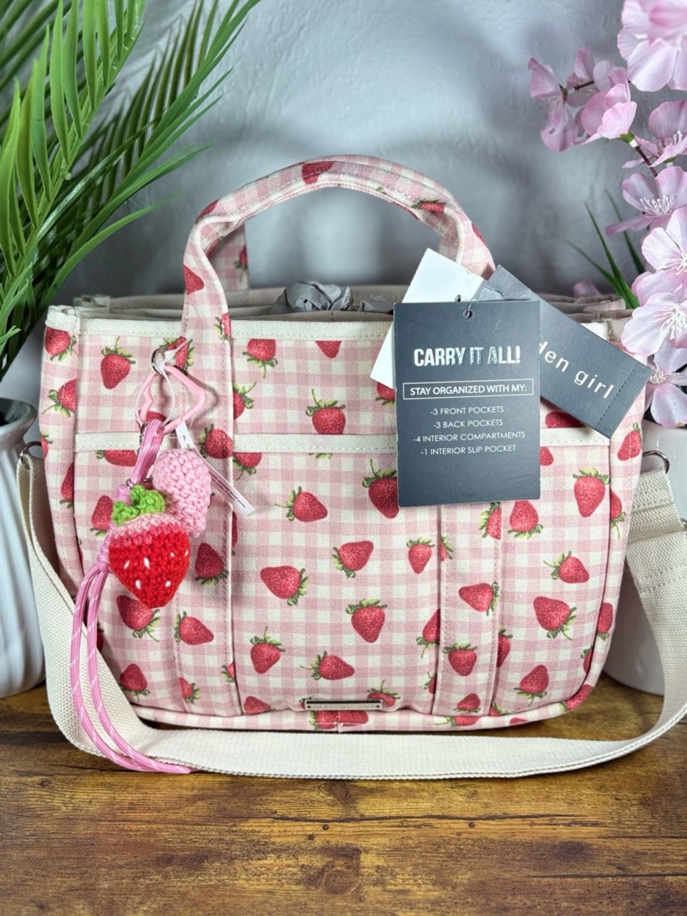 NWT Madden Girl Strawberry Gingham Tote Bag Crossbody& Strawberry charm